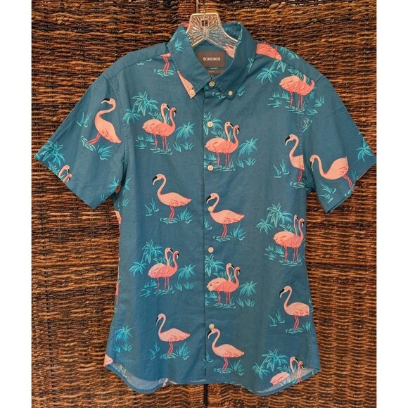 Bonobos Slim Fit Short Sleeve Flamingo Button Down Shirt Men's Medium Vacation - Picture 1 of 4
